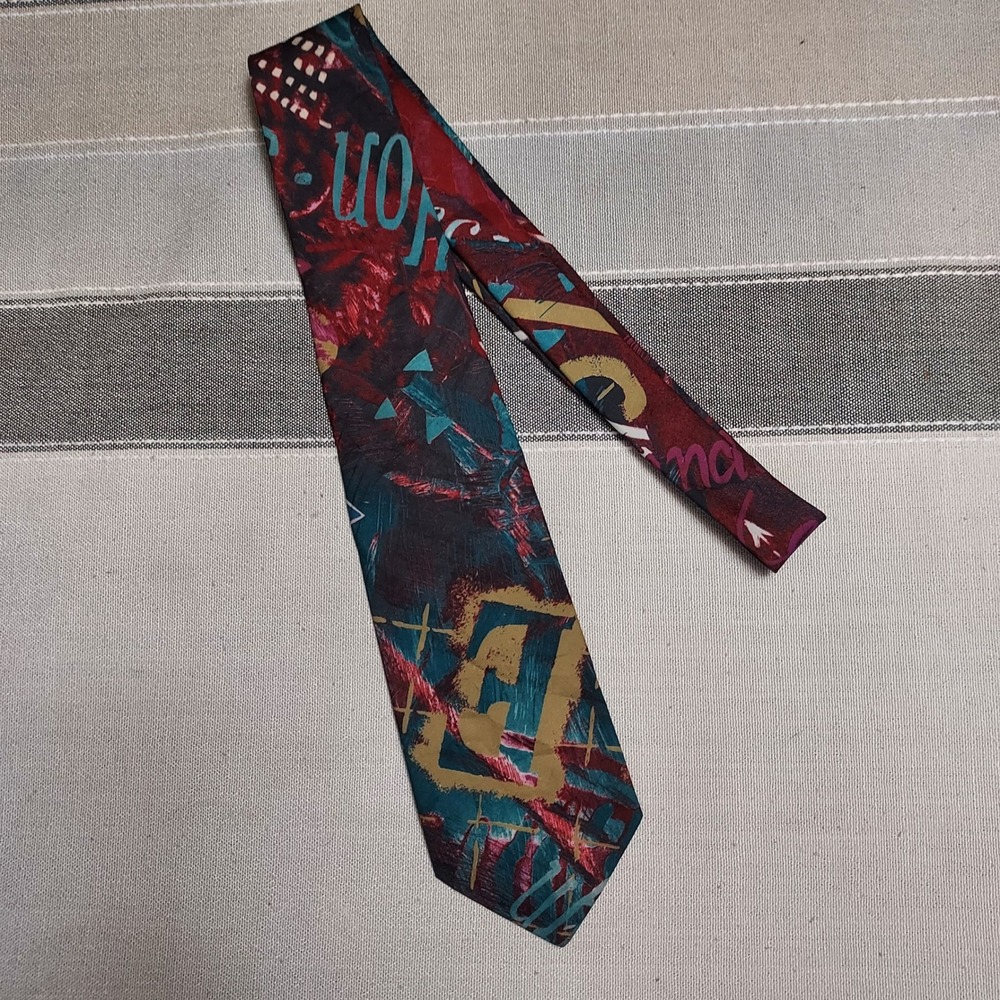 Vintage Lorenzo Selini Necktie Mens Abstract Art Teal Red Gold Novelty Tie - Picture 2 of 3